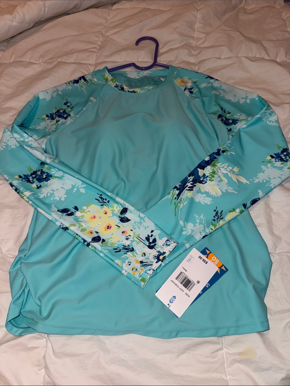 Free Country Aqua Floral Long-Sleeve Swim Rash Guard